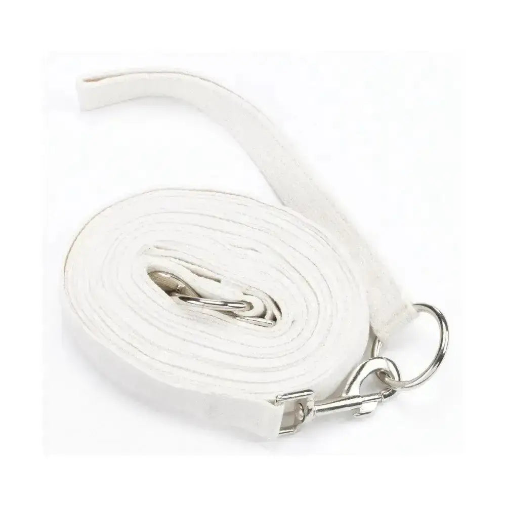 White leather hy equestrian draw reins with silver trigger clip fastenings and cotton web draw reins detailing