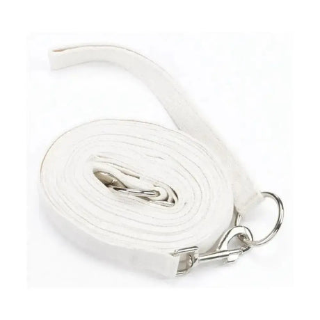 White leather hy equestrian draw reins with silver trigger clip fastenings and cotton web draw reins detailing
