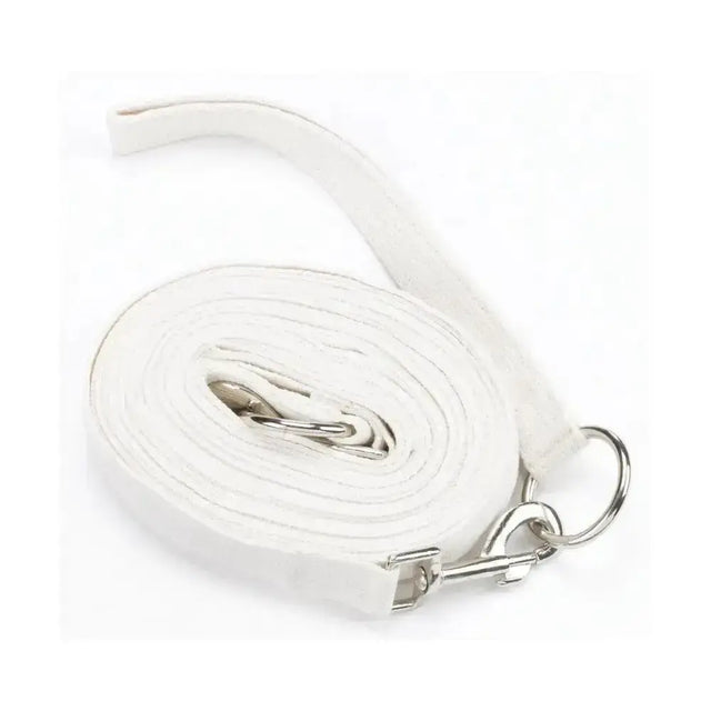 White leather hy equestrian draw reins with silver trigger clip fastenings and cotton web draw reins detailing