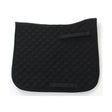 Black quilted dressage saddle cloth with diamond stitching and two strap closures for equestrian dressage saddle