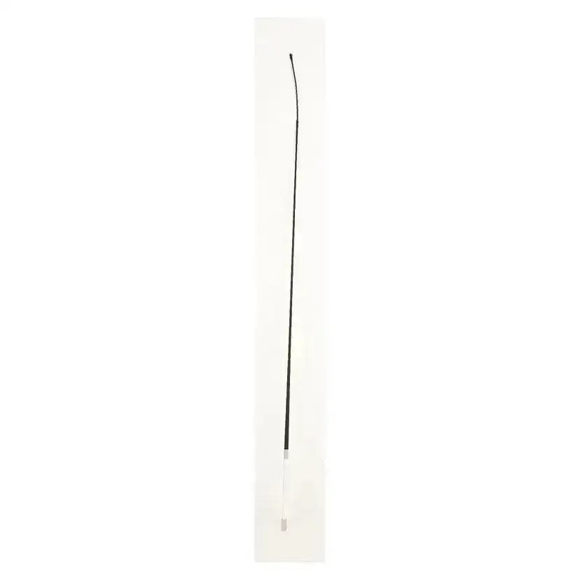 Hy equestrian dressage whip with a black wire and white leather handle packaged in clear plastic for dressage use