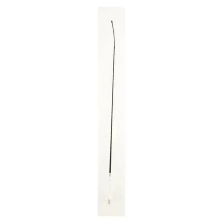 Black equestrian dressage whip with white leather handle in clear plastic packaging for dressage use