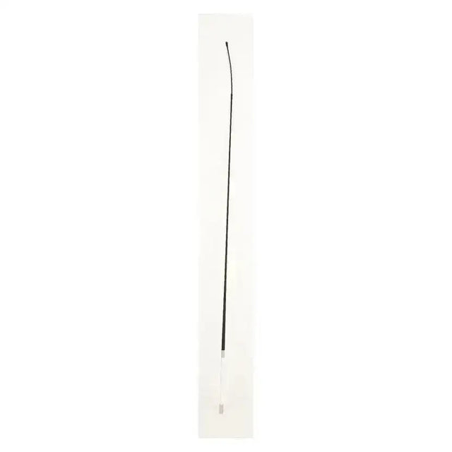 Hy equestrian dressage whip with a black wire and white leather handle packaged in clear plastic for dressage use