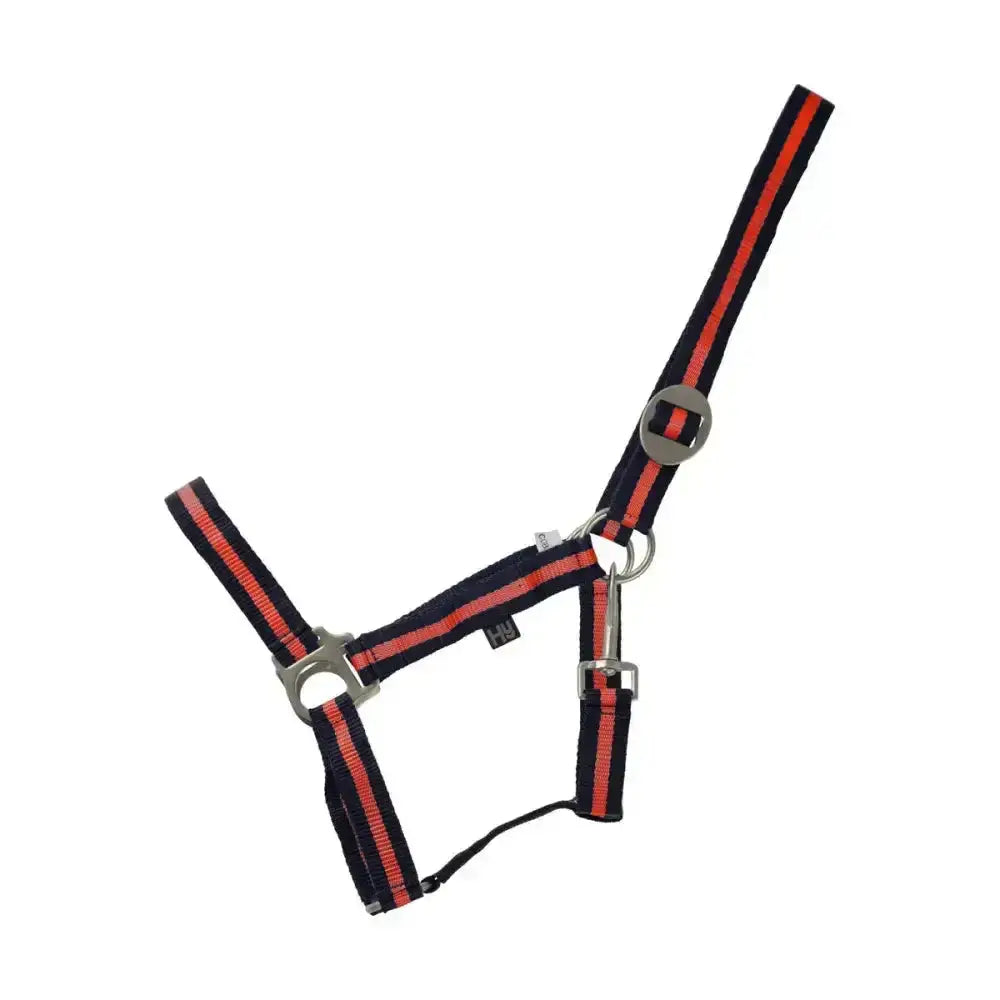 Black and red striped nylon duo head collar by hy equestrian with adjustable webbing head and silver metal hardware
