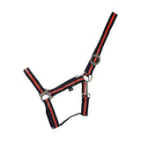 Black and red striped nylon duo head collar by hy equestrian with adjustable webbing head and silver metal hardware