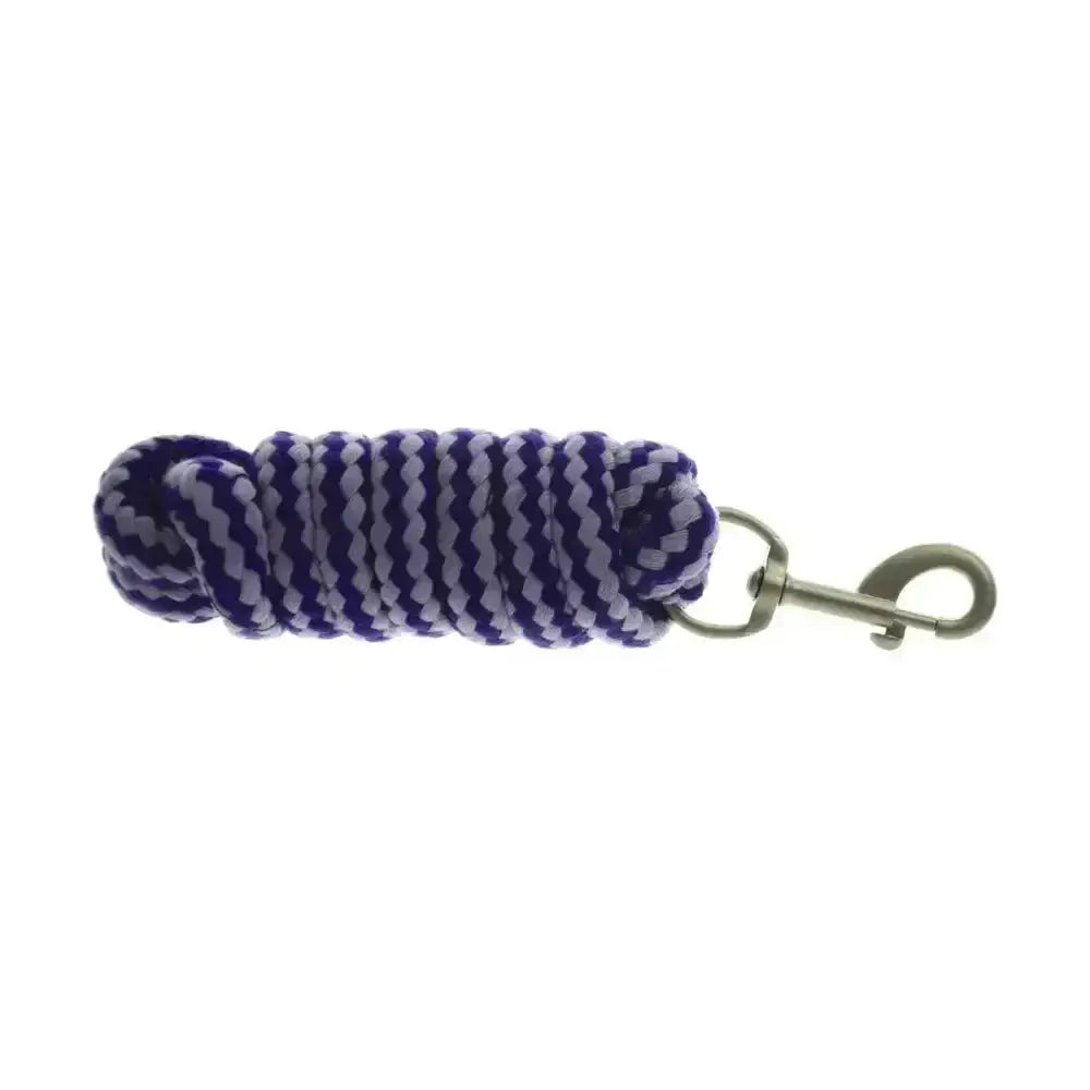 A coiled hy equestrian duo lead rope in attractive twin colours purple and white with a silver swivel hook