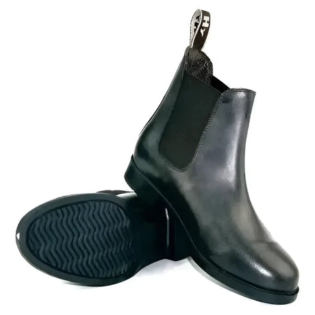 Black leather hy equestrian durham jodhpur boots with elastic panels and pull tab at the back