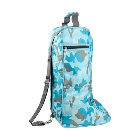 A light blue and gray camouflage dynaforce boot bag pacific with gray adjustable strap and top handle by hy equestrian