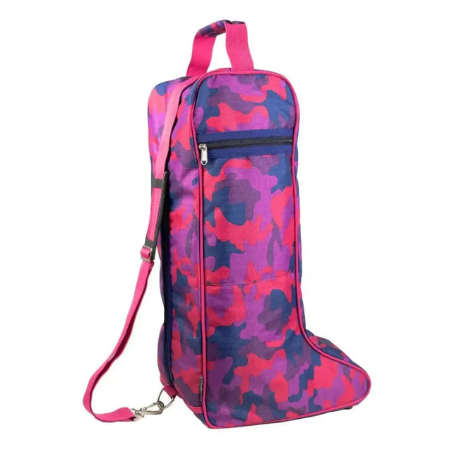 Hy equestrian dynaforce boot bag raspberry and navy with vibrant pink purple camouflage pattern and adjustable strap