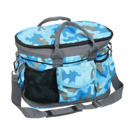 Blue and gray camouflage insulated dynaforce grooming bag with gray straps and black mesh pocket practical and sturdy