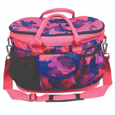 Pink and purple camouflage insulated cooler bag with handles and shoulder strap from hy equestrian dynaforce grooming bag raspberry navy