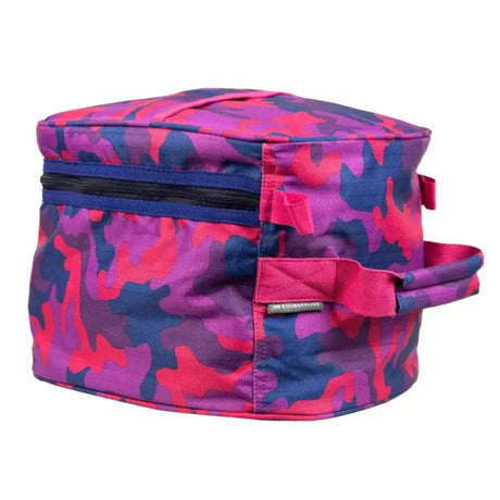 Hy equestrian dynaforce hat bag raspberry navy with vibrant pink purple camouflage fabric and blue zipper handles