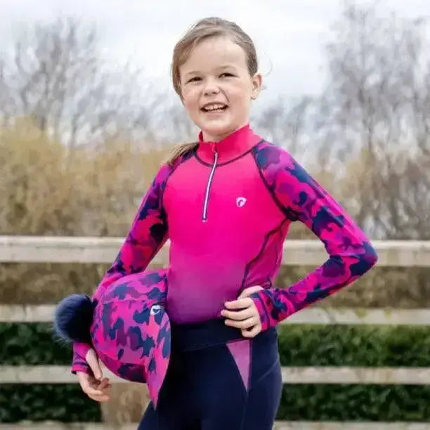 Pink and purple camouflage long-sleeved riding top with high collar and zipper front perfect for equestrian dynaforce hat use