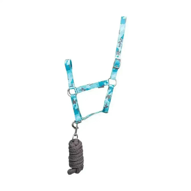Hy equestrian dynaforce head collar in turquoise gray camo with a coiled dark gray lead rope pacific attached