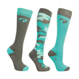Three teal and gray hy equestrian dynaforce socks pack with camouflage and solid riding socks featuring logo accents