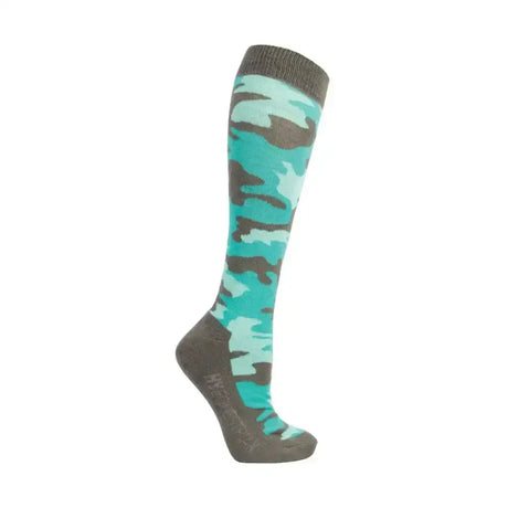 A teal and brown camouflage knee-high sock with ribbed cuff from the hy equestrian dynaforce socks pack for riding