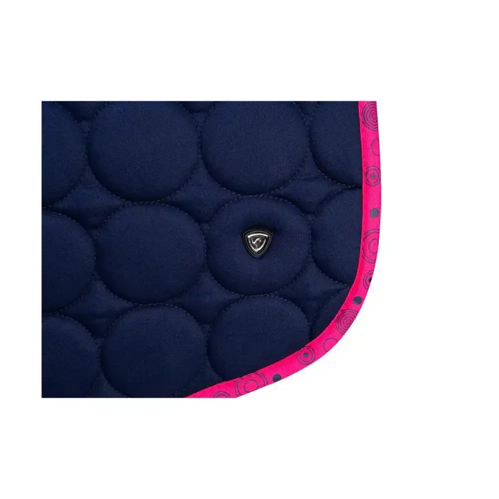 Navy blue quilted close contact saddle pad with pink border and logo from hy equestrian dynamizs ecliptic line
