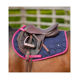 Navy blue quilted hy equestrian dynamizs ecliptic close contact saddle pad with pink trim and subtle circular pattern