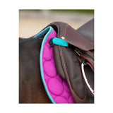 Vibrant magenta quilted close contact saddle pad with teal patterned border and black logo by hy equestrian dynamizs ecliptic