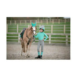 Mint green hy equestrian dynaMizs ecliptic fly veil helmet with fluffy pom-pom and close-knit crochet design