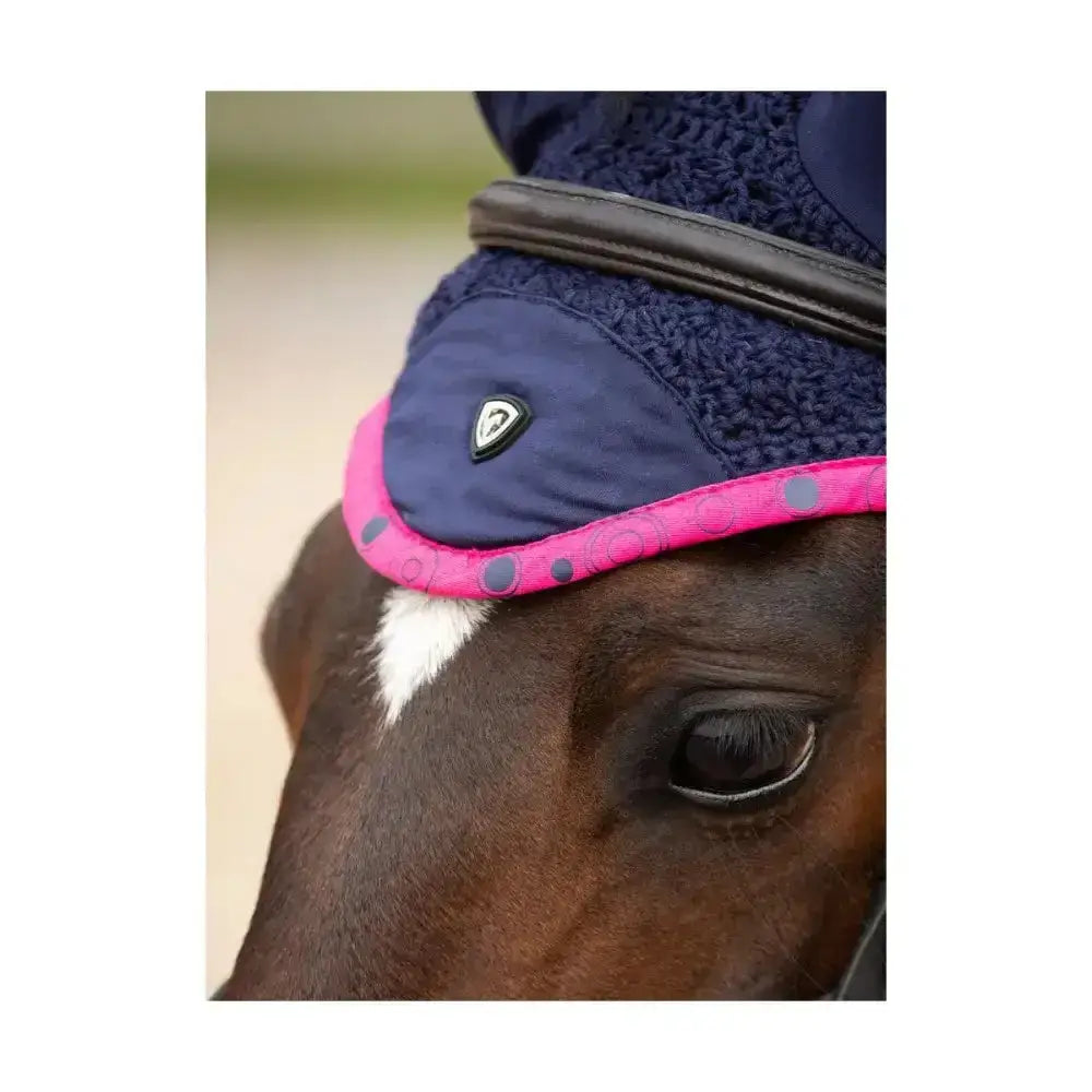 Navy blue and pink polka-dotted fly veil with close-knit crochet design and textured fabric by hy equestrian dynamizs ecliptic