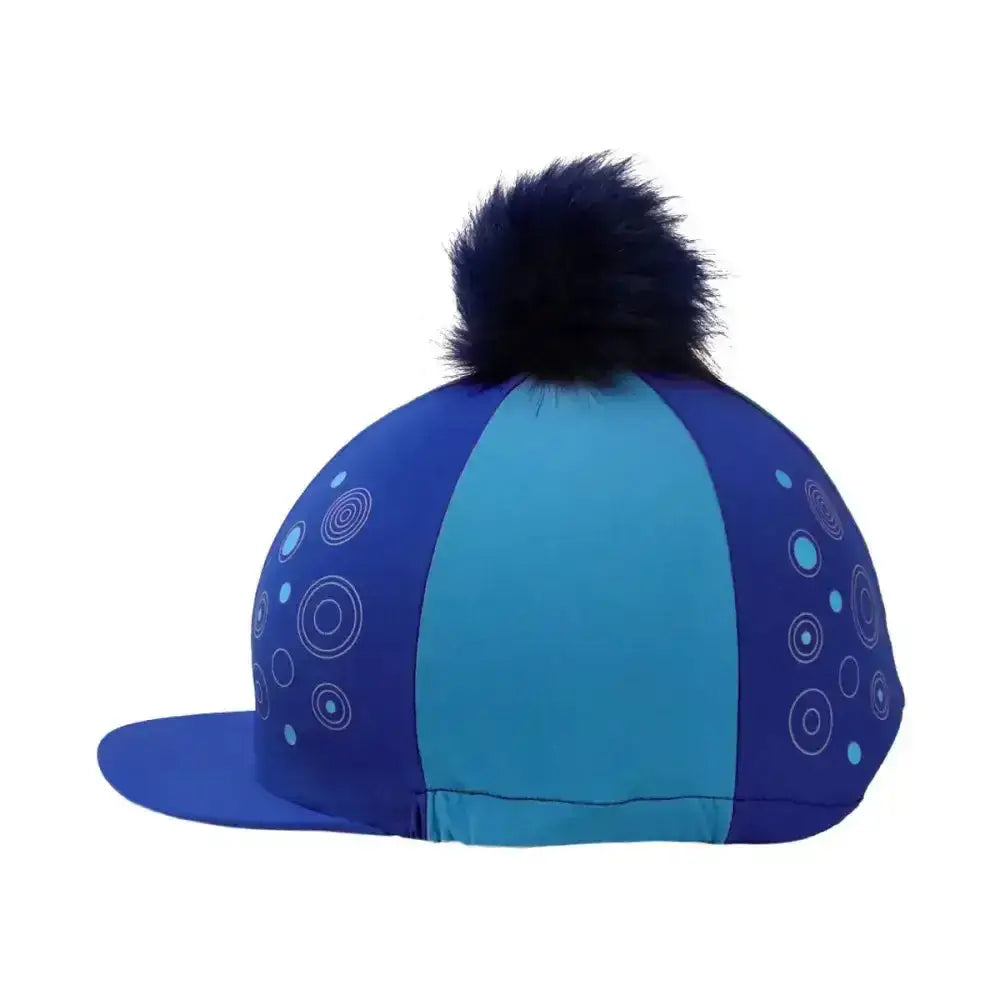 Blue and teal hy equestrian dynamizs ecliptic hat cover with black faux fur pom pom for horse riding helmets
