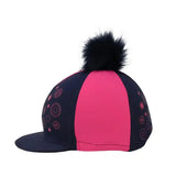 Hy equestrian dynamizs ecliptic hat cover in vibrant pink and navy with subtle patterns and black pom-pom on top