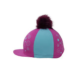 A vibrant pink and teal Hy equestrian dynamizs ecliptic hat cover with maroon pom-pom and light blue circular patterns