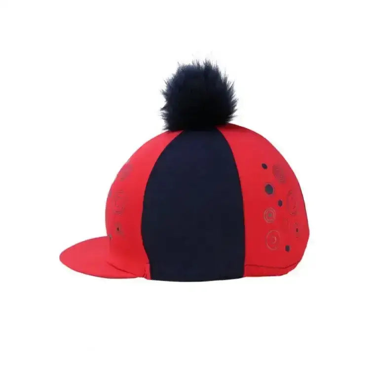 Red and navy blue Hy Equestrian dynamizs ecliptic hat cover with black faux fur pom-pom on top