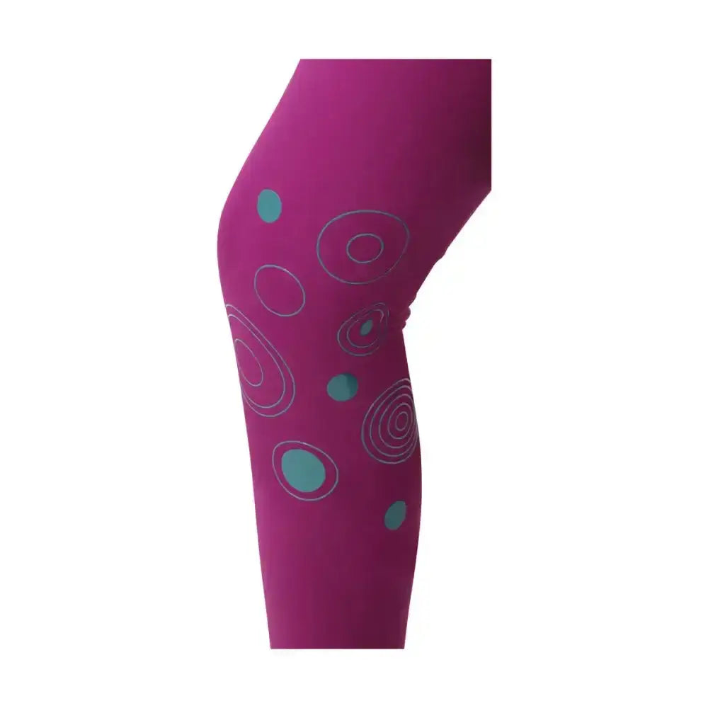Fuchsia hy equestrian dynamizs ecliptic riding tights with teal and silver concentric circles perfect for riding fun