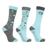 Set of three light blue and dark gray equestrian dynamizs ecliptic socks with circular patterns on soft knit fabric