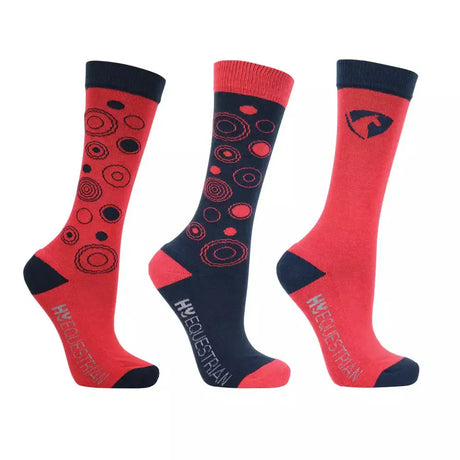 Set of three vibrant red and navy blue hyequestrian dynamizs ecliptic socks with circular patterns and brand logo