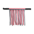 Hy equestrian economy fly fringe belt with red white and black striped fringe and elastic straps for horse fly protection