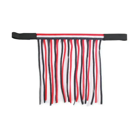 Hy equestrian economy fly fringe belt with red white and black striped fringe and elastic straps for horse fly protection
