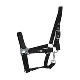 Black nylon hy equestrian economy plus head collar with silver hardware reinforced eyelet holes and adjustable throat fastening