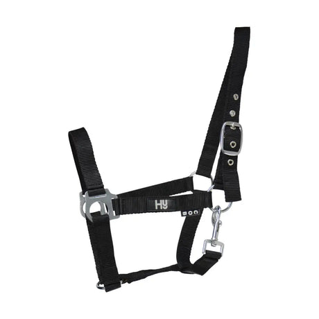 Black nylon hy equestrian economy plus head collar with silver hardware reinforced eyelet holes and adjustable throat fastening