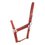 Red nylon hy equestrian economy plus head collar with adjustable throat fastening and reinforced eyelet holes for durability
