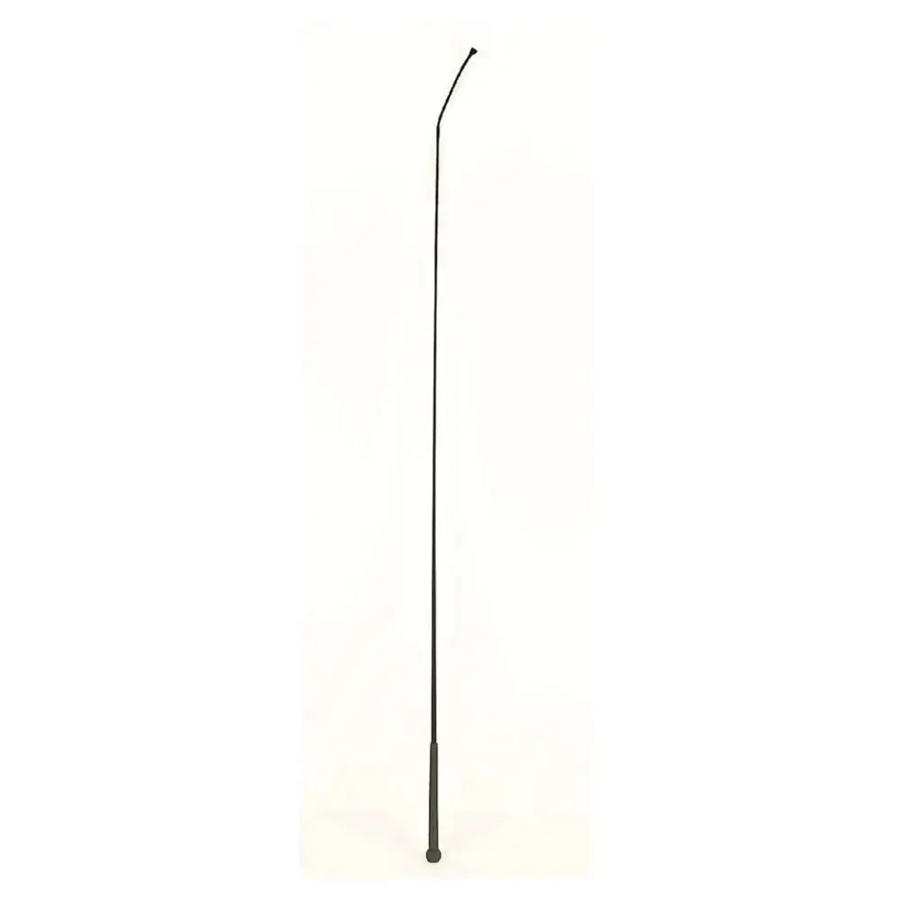 Black equestrian economy schooling whip with slender curved handle and textured black rubber handle grip at the base