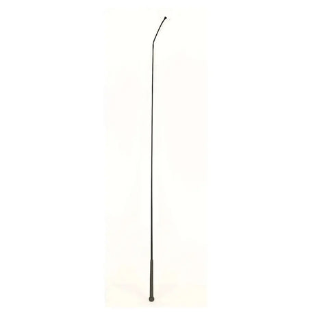 Black equestrian economy schooling whip with slender curved handle and textured black rubber handle grip at the base