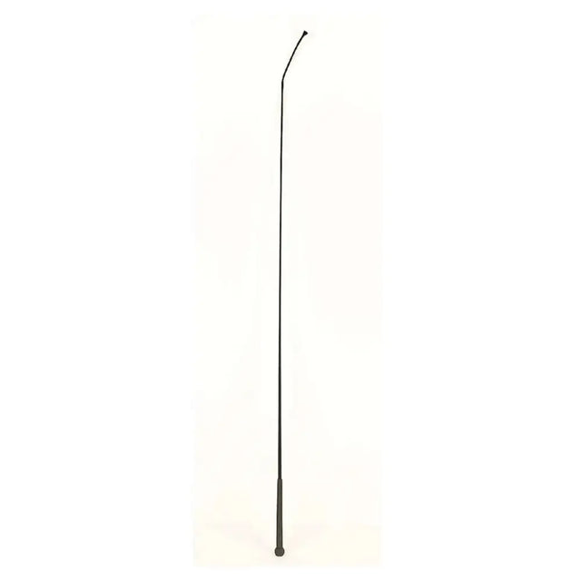 Black equestrian economy schooling whip with slender curved handle and textured black rubber handle grip at the base
