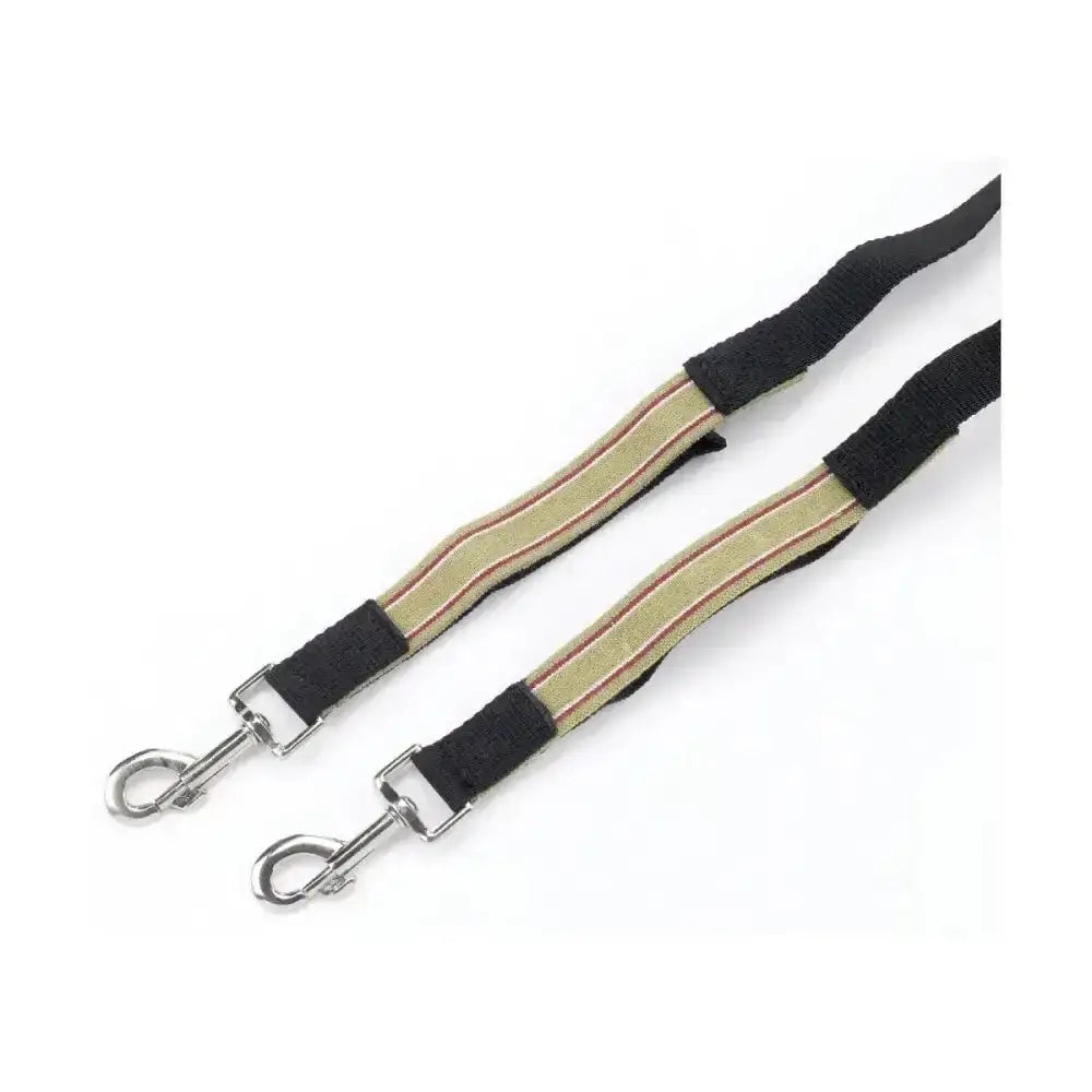 Beige and black striped equestrian elasticated side reins with wide polypropylene web and metal hardware elastic insert