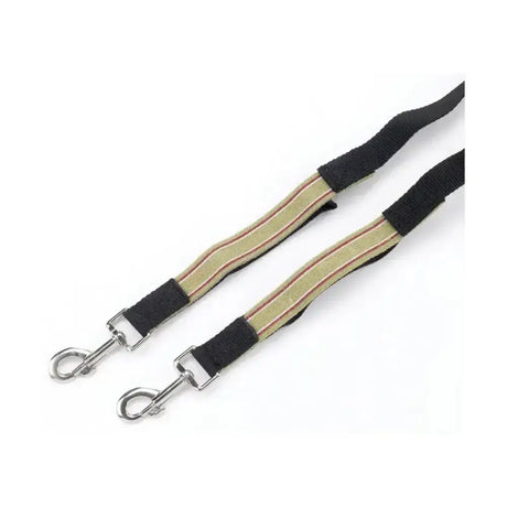 Beige and black striped equestrian elasticated side reins with wide polypropylene web and metal hardware elastic insert