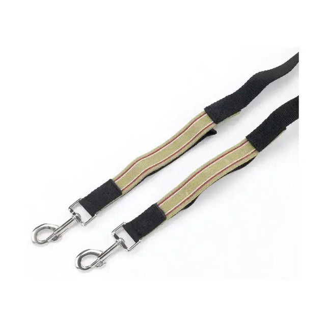 Beige and black striped equestrian elasticated side reins with wide polypropylene web and metal hardware elastic insert