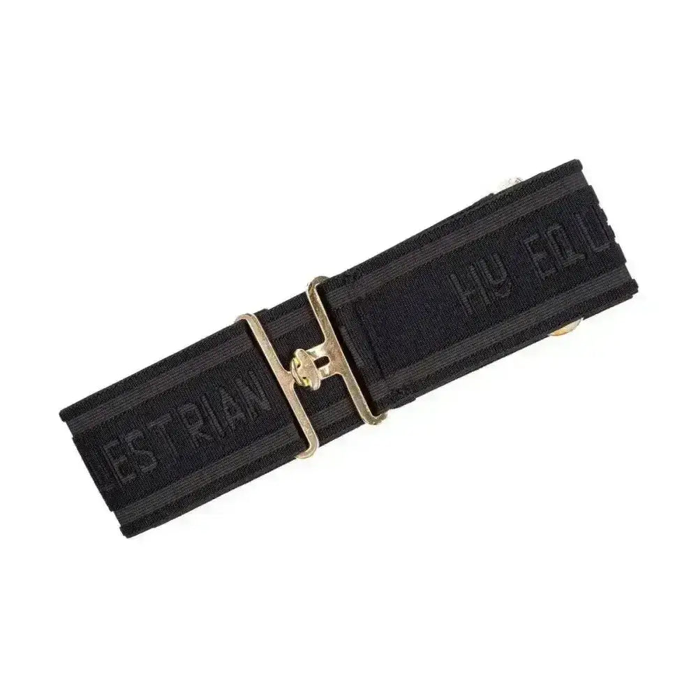 Black woven fabric elasticated surcingle with gold buckle and embossed equestrian branding fully adjustable