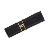 Black woven fabric elasticated surcingle with gold buckle and embossed equestrian branding fully adjustable