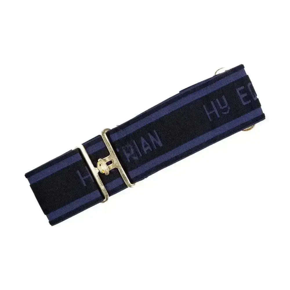Navy blue and black striped elasticated surcingle watch strap with gold-tone buckle and embossed hy equestrian lettering fully adjustable