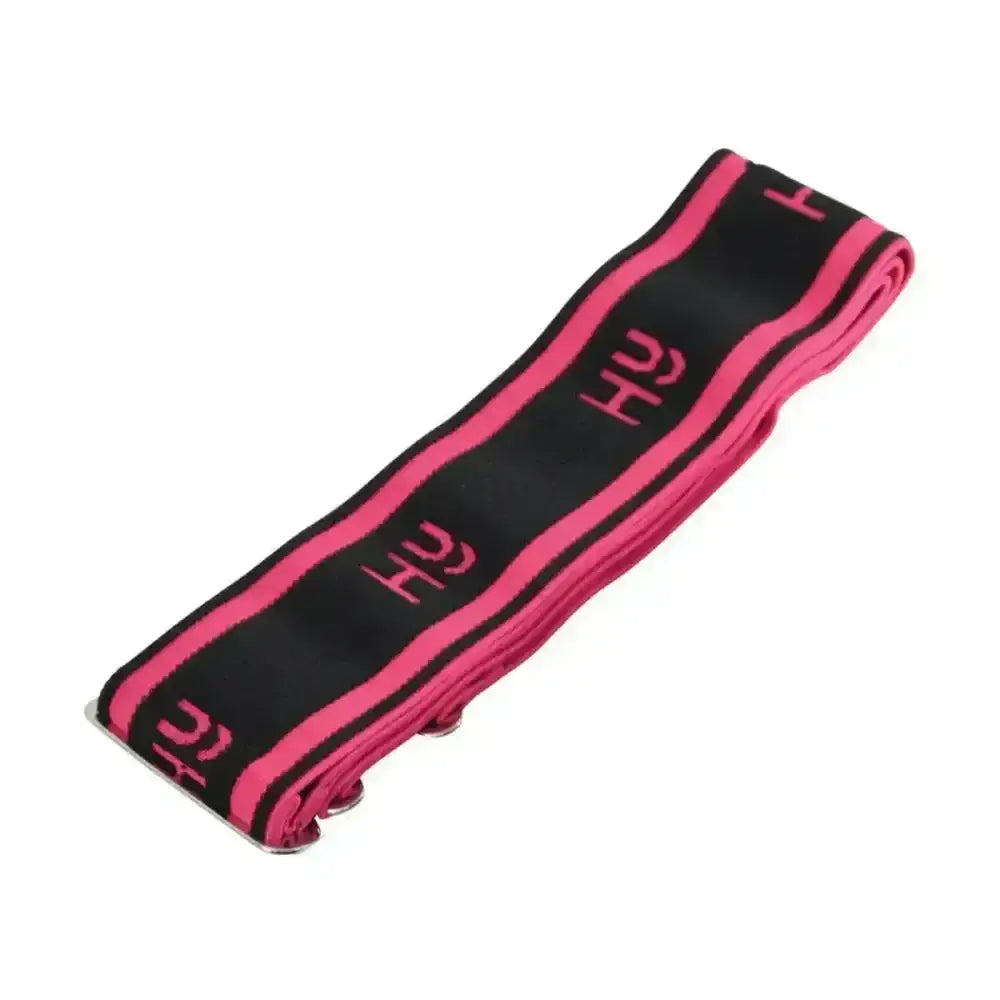 Black and pink hy equestrian elasticated surcingle with fully adjustable elastic strap and hu branding in pink lettering