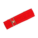 Red elasticated surcingle with gold buckle and embossed equestrian text from hy equestrian fully adjustable design