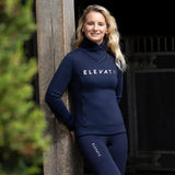 Navy blue equestrian elevate allure cross neck jumper with white lettering and zippered side pockets for athletic use