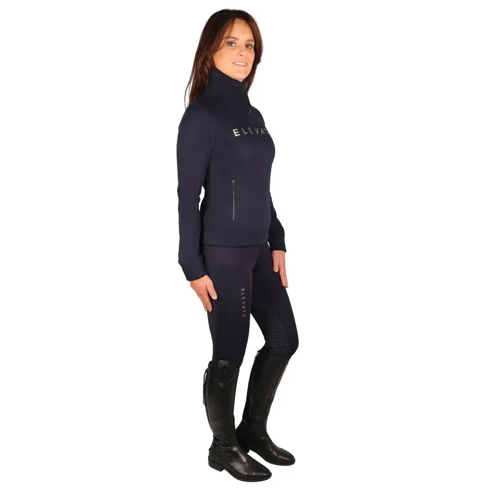 Navy blue fleece top with high collar and side zipper from hy equestrian elevate allure cross neck jumper collection